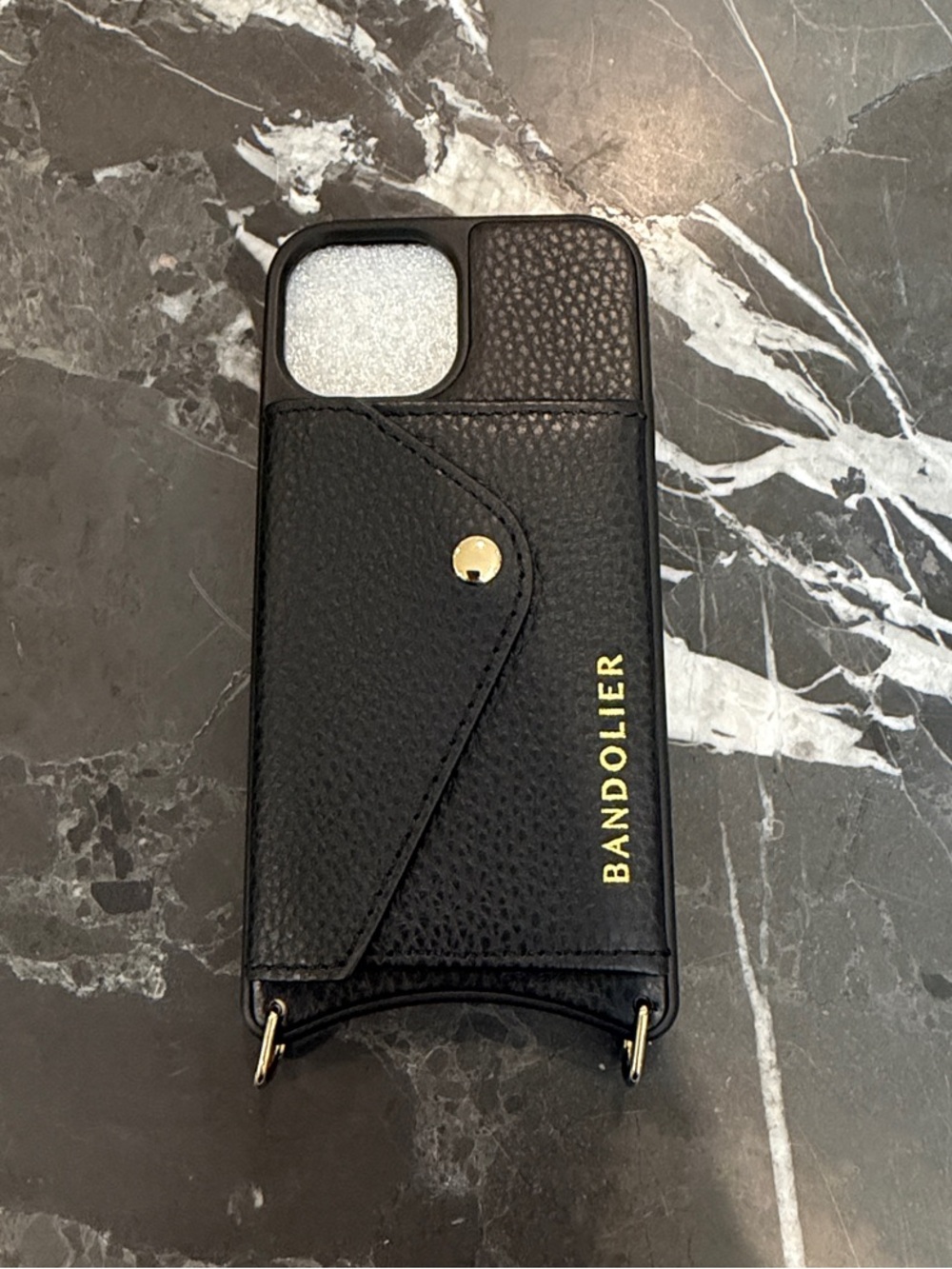 Bandolier Black Leather Crossbody Wallet Phone Case with Gold Accents